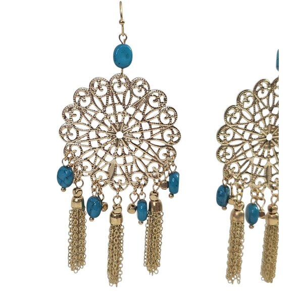 Gold & Turquoise Chandelier Earrings With Beaded Dangle & Fringe Design Bohemian - Picture 2 of 5